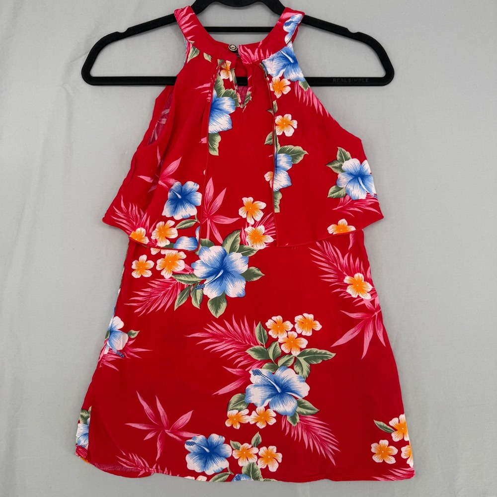 Hawaii Hangover Red Floral Hibiscus Halter Ruffle Top Sleeveless Size 10‎
